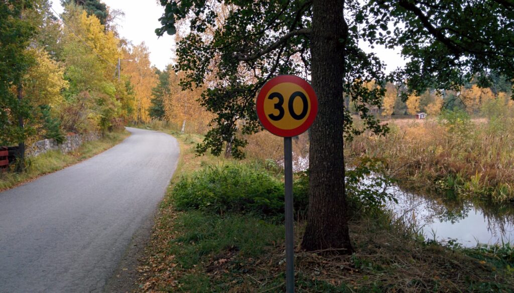 En av tio nyuppsatta 30-skyltar i vårt område. Tänk på barn, djur och grannar och håll hastighetsbegränsningen. 